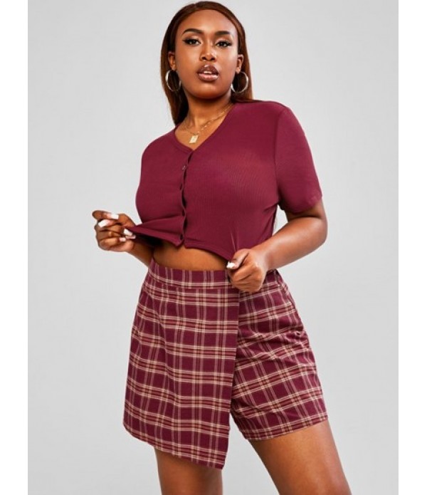 Plus Size Button Up Ribbed Plaid Skorts Set