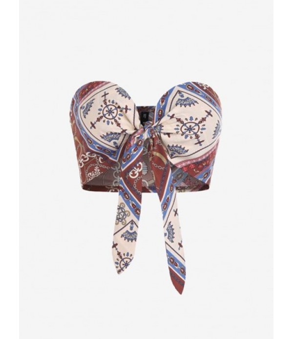 Scarf Print Tie Strapless Top And Corduroy Pleated Wide Leg Pants Outfit
