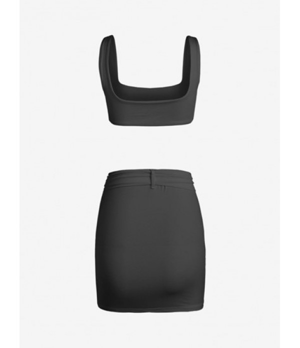 Cropped Solid Top And Belted Skirt Set