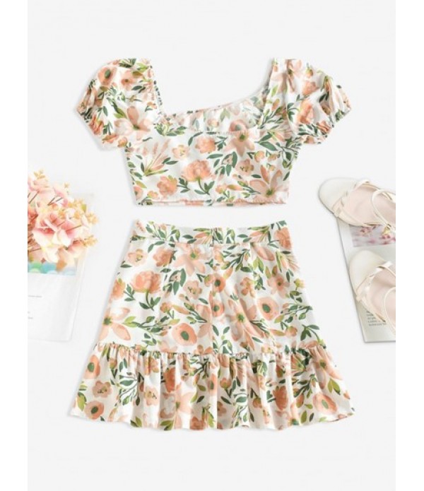 Floral Print Skew Neck Two Piece Skirt Set