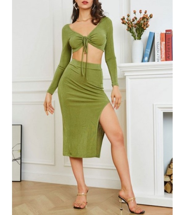 Jersey Tie Split Two Piece Skirt Set
