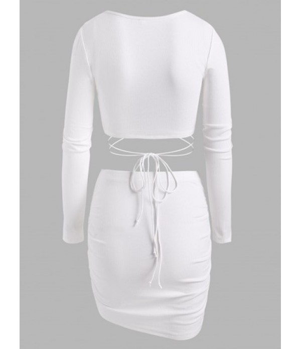 Ribbed Midriff Flossing Top And Cinched Ruched Mini Skirt Set