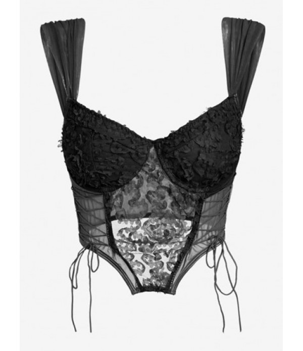 Underwire Sheer Mesh Floral Applique Lace Up Corset-style Tank Top And Mini Tie Side Skirt Set