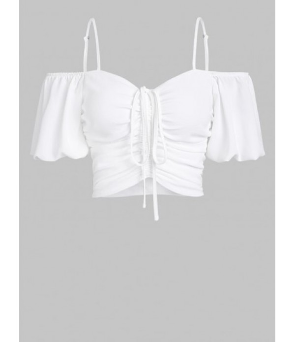 Women's Cinched Ruched Cold Shoulder Puff Sleeve Blouse And Floral Embroidered Eyelet Mini Skirt Set