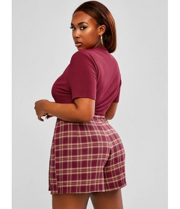 Plus Size Button Up Ribbed Plaid Skorts Set