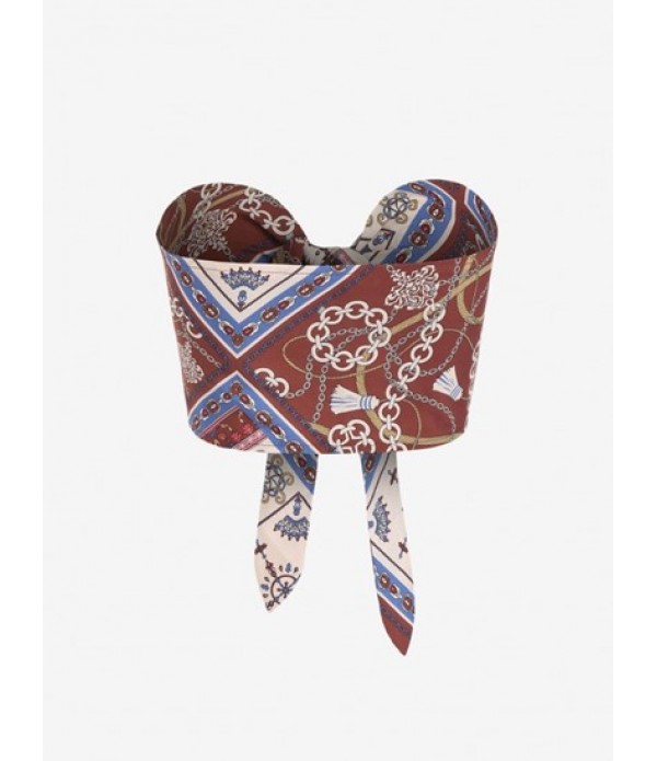 Scarf Print Tie Strapless Top And Corduroy Pleated Wide Leg Pants Outfit