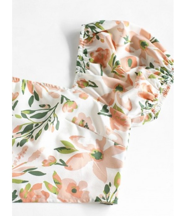 Floral Print Skew Neck Two Piece Skirt Set