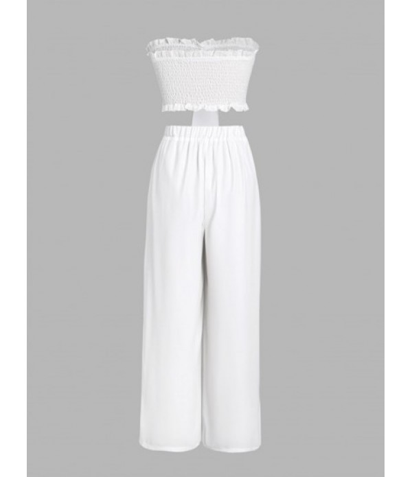 Bandeau Smocked Ruffle Bowknot Wide Leg Pants Set