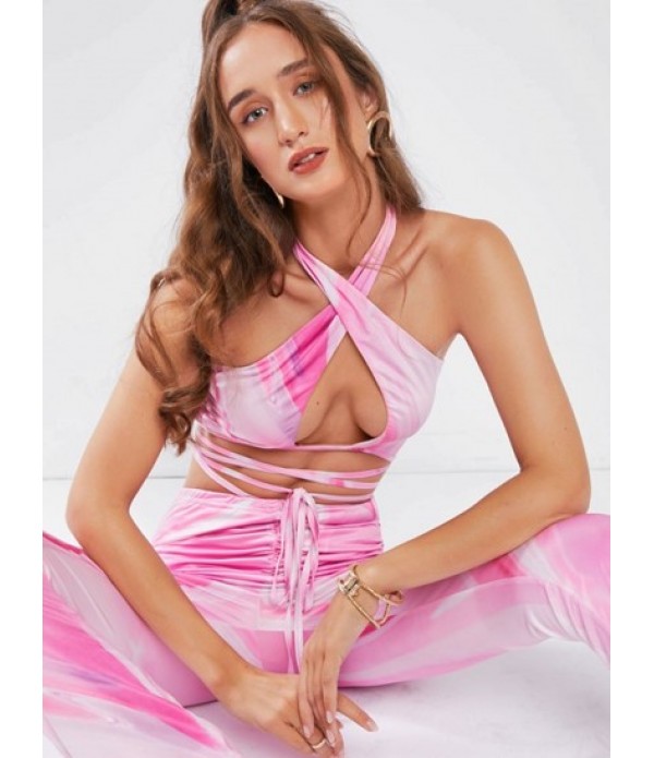 Tie Dye Halter Midriff Flossing Top And Psychedelic Print Ruched Pants Set