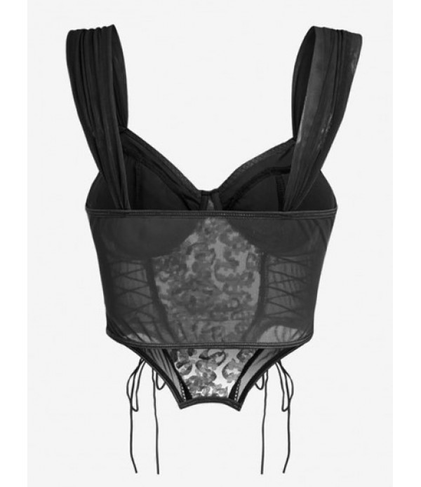 Underwire Sheer Mesh Floral Applique Lace Up Corset-style Tank Top And Mini Tie Side Skirt Set