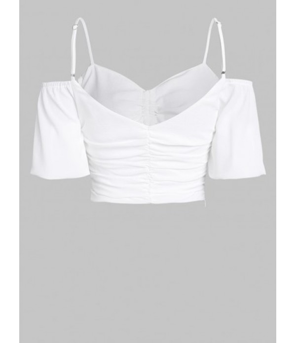 Women's Cinched Ruched Cold Shoulder Puff Sleeve Blouse And Floral Embroidered Eyelet Mini Skirt Set