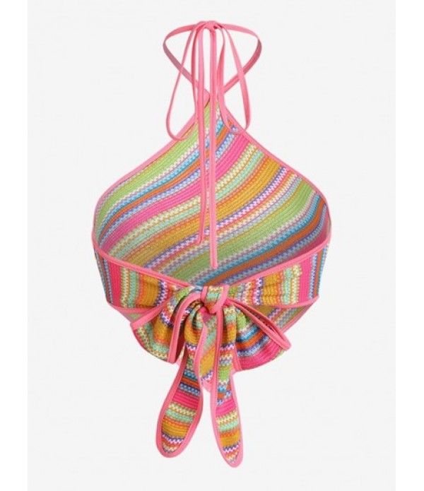 Women's Rainbow Knitted Halter Tie Back Bandana Top And Lace Up Tassels Crochet Openwork Knit Long Skirt Set