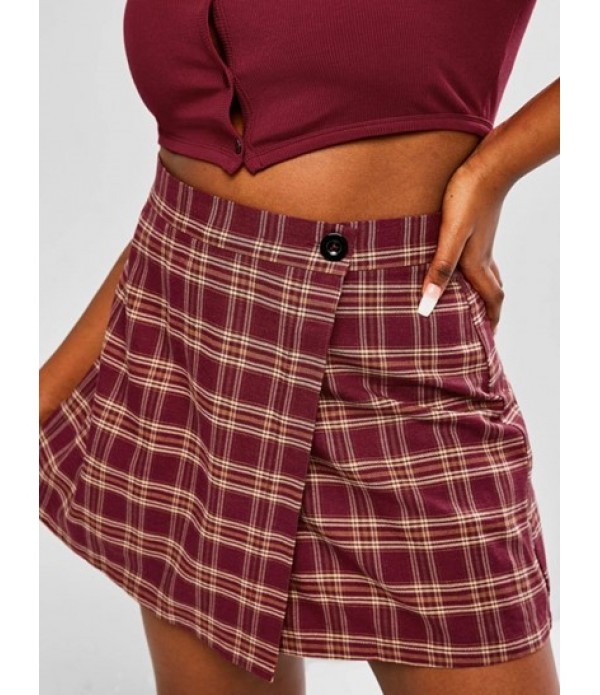 Plus Size Button Up Ribbed Plaid Skorts Set