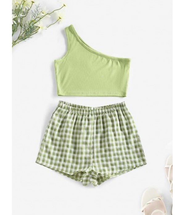 Ribbed One Shoulder Tank Top And Plaid Shorts Set