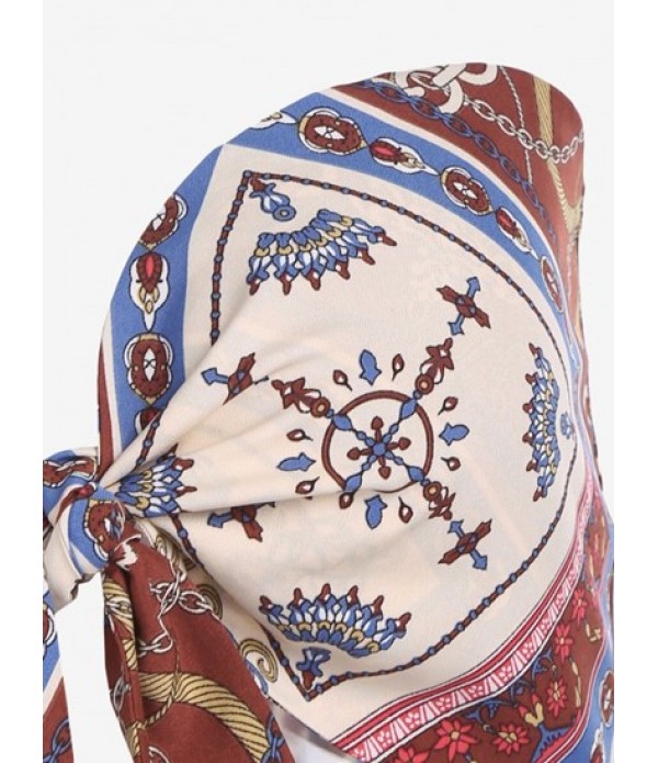 Scarf Print Tie Strapless Top And Corduroy Pleated Wide Leg Pants Outfit
