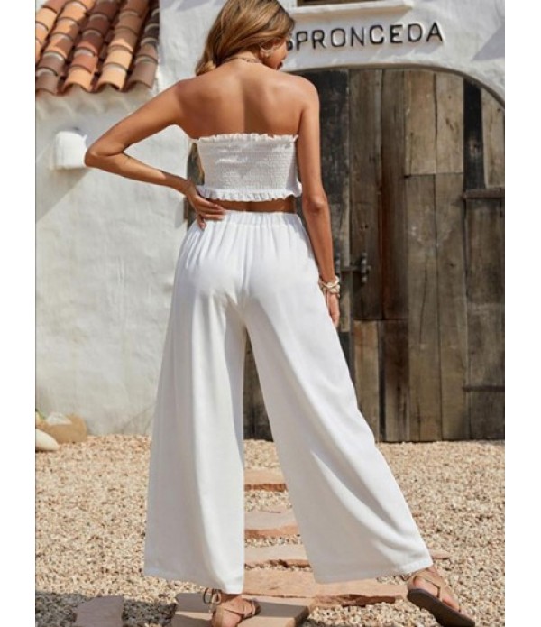 Bandeau Smocked Ruffle Bowknot Wide Leg Pants Set
