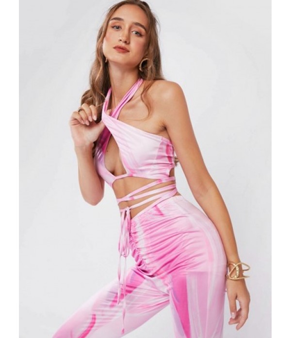 Tie Dye Halter Midriff Flossing Top And Psychedelic Print Ruched Pants Set