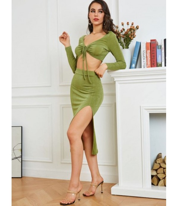Jersey Tie Split Two Piece Skirt Set