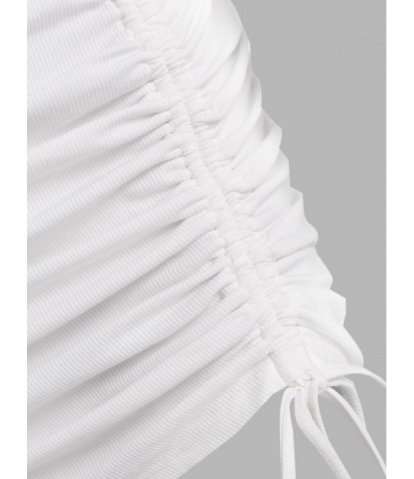 Ribbed Midriff Flossing Top And Cinched Ruched Mini Skirt Set