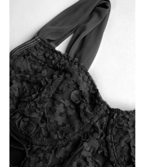 Underwire Sheer Mesh Floral Applique Lace Up Corset-style Tank Top And Mini Tie Side Skirt Set